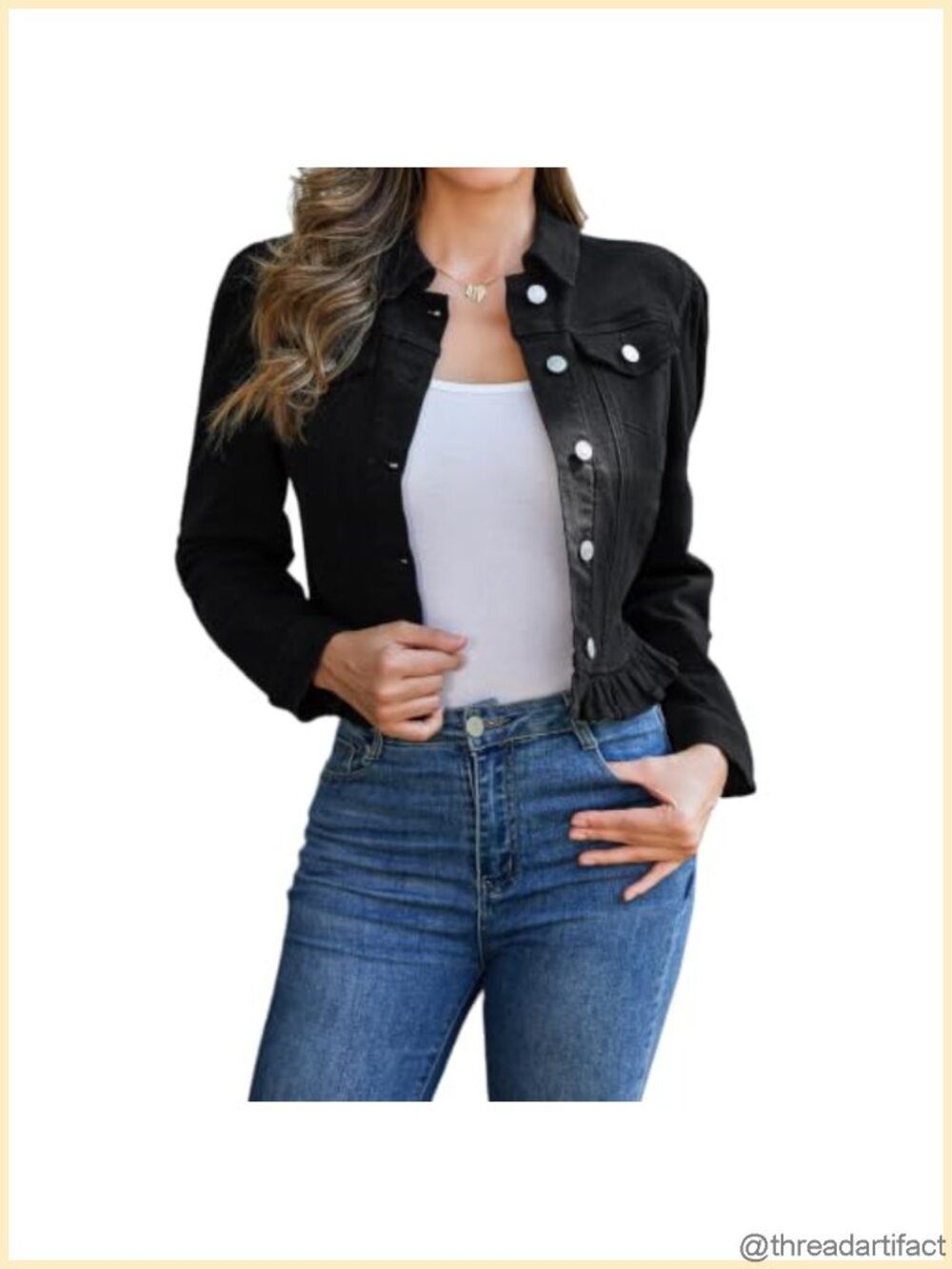 Denim Jacket Puff Sleeve Ruffle Hem Button Down Cropped Jean Coat